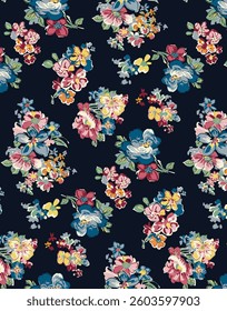 Abstract solid vector textile design, arrangement with a multicolored big and small any kinds of flower, all-over seamless pattern with black background color illustration digital image print factory