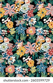 Abstract solid vector textile design, arrangement with medium any kinds of bloom flowers, all-over seamless pattern with multicolored tone color illustration digital image printing factory