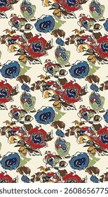 Abstract solid vector textile design, arrangement with multicolor big roses flower, all-over seamless pattern with red and blue tone color illustration digital image printing factory