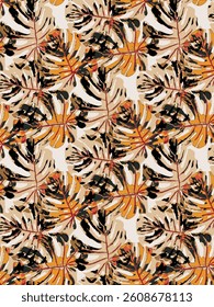 abstract solid vector textile design, arrangement with big palm leaves modification, all-over seamless pattern with orange and cream tone color illustration digital image printing factory