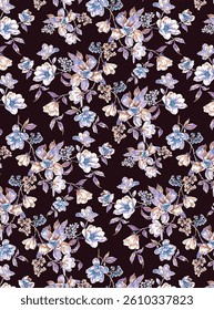 Abstract solid vector textile design, arrangement with small hibiscus flower and stalk leaves, all-over seamless pattern with purple and white tone color illustration digital image printing factory