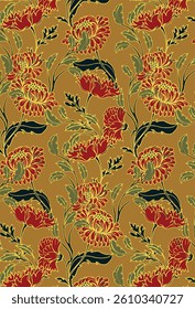 Abstract solid vector textile design, arrangement with big chrysanthemum flower anf foil, all-over seamless pattern with red and yellow gold tone color illustration digital image printing factory