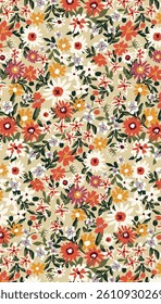 Abstract solid vector textile design, arrangement with cute small chamomile flowers, full all-over seamless pattern with orange and yellow tone color illustration digital image printing factory