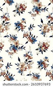 Abstract solid vector textile design, arrangement with dual-tones small hibiscus flower, all-over seamless pattern with blue and orange tone color illustration digital image printing factory