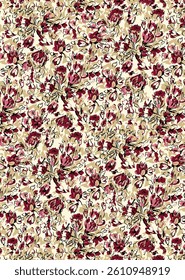 Abstract solid vector textile design, arrangement with dual-tone small sketch and contours flower, all-over seamless pattern with red and green tone color illustration digital image printing factory