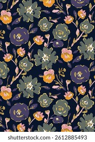 Abstract solid vector textile design, arrangement with big and small simple block hibiscus flower, all-over seamless pattern with orange, purple, and green tone color illustration digital image prints