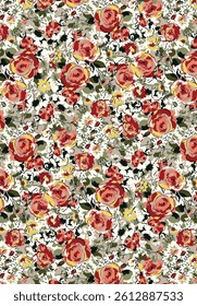 Abstract solid vector textile design, arrangement with small roses flower, full all-over seamless pattern with red  and yellow tone color illustration digital image printing factory