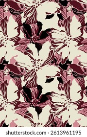 Abstract solid vector textile design, arrangement with a big silhouette hibiscus flower, all-over seamless pattern with pink and white tone color illustration, digital image printing factory