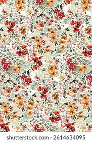 Abstract solid vector textile design, arrangement with small grass flowers, full all-over seamless pattern with red and orange tone color illustration, digital image printing factory