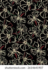Abstract solid vector textile design, arrangement with big countour outline a hibiscus flower, all-over seamless pattern with black and white tone color illustration, digital image printing factory