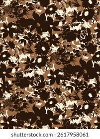 Abstract solid vector textile design, arrangement with a three-color big silhouette hibiscus flower, all-over seamless pattern with brown and white tone illustration, digital image printing factory