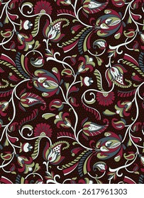 Abstract solid vector textile design, arrangement with a multicolored batik flower, full all-over seamless pattern with red and gray tone color illustration, digital image printing factory