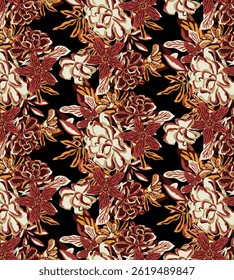 Abstract solid vector textile design, arrangement with big hibiscus flower, all-over seamless pattern with blue and yellow tone color illustration, digital image printing factory