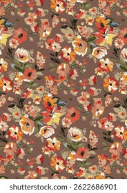Abstract solid vector textile design, arrangement with medium and small rose flowers, full-over seamless pattern with orange and yellow tone color illustration, digital image printing factory