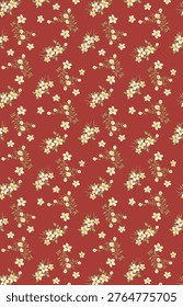 abstract solid vector textile design, arrangement with a small simple monochrome jasmine flower, all-over seamless pattern red background with yellow and green tone colour digital clothes motif factory 