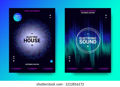 Abstract Sound Poster with Wave Amplitude and Distorted Rounds. Music Flyer Wave Concept. Vector Sound Equalizer Design for Banner. Abstract Covers for Dance Event. Dj Festival of Electronic Sound.