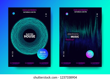 Abstract Sound Poster with Wave Amplitude and Distorted Rounds. Music Flyer Wave Concept. Vector Sound Equalizer Design for Banner. Abstract Covers for Dance Event. Dj Festival of Electronic Sound.