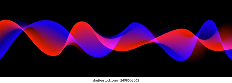 Abstract sound rhythm wave vector illustration. Blue and red flowing twisted waveforms isolated on black background, creating a vibrant and dynamic visual effect. Modern digital design element.