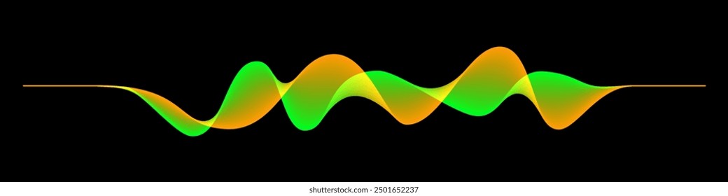 Abstract sound rhythm wave vector illustration. Green and yellow flowing twisted waveforms isolated on black background, creating a vibrant and dynamic visual effect. Modern digital design element.