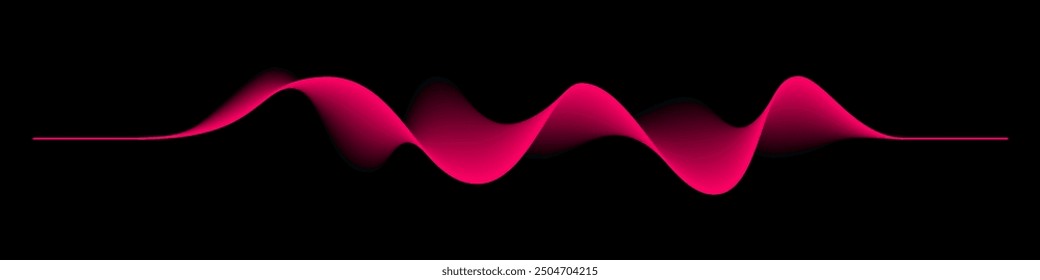 Abstract sound rhythm wave vector illustration. Pink red flowing waveform isolated on black background creating vibrant and dynamic visual effect. Modern digital design element.