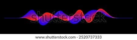 Abstract sound rhythm wave vector illustration. Blue and red flowing twisted waveforms isolated on black background, creating a vibrant and dynamic visual effect. Modern digital design element.
