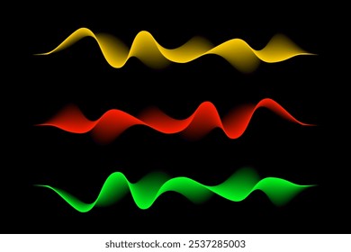 Abstrakter Klangrhythmus Wellen, Vektorgrafik-Set. Gelbe, rot-orangefarbene, grüne Wellenformen einzeln auf schwarzem Hintergrund schaffen einen lebendigen dynamischen visuellen Effekt. Modernes digitales Design-Element.