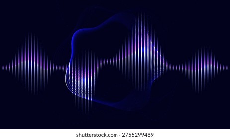 Abstract sound wave audio equalizer visualization with vibrant blue and purple neon glow isolated on dark blue background. Vector