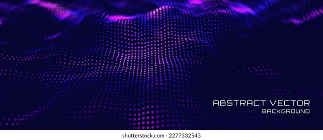 Abstract Sound Wave Background. Glowing Particles Musical Wave. Digital Network Cyber Big Data Flow. 3D Surface Vector Fields. Vector Illustration. Virtual Reality Cyber Space Metaverse Backdrop.