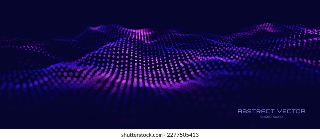 Abstract Sound Wave Background. Glowing Particles Musical Wave. Digital Network Cyber Big Data Flow. 3D Surface Vector Fields. Vector Illustration. Virtual Reality Cyber Space Metaverse Backdrop.