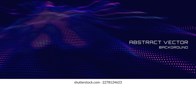 Abstract Sound Wave Background. Glowing Particles Musical Wave. Digital Network Cyber Big Data Flow. 3D Surface Vector Fields. Vector Illustration. Virtual Reality Cyber Space Metaverse Backdrop.