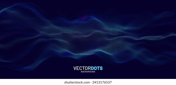 Abstract Sound Wave Background. Glowing Particles Musical Wave. Digital Network Cyber Big Data Flow. 3D Surface Vector Fields. Vector Illustration. Virtual Reality Cyber Space Metaverse Backdrop.