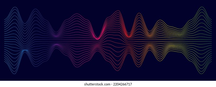 Abstract Sound Wave. Gradient Colorful Hues, Wavy Lines. Isolated Vector Illustration, Dark Blue Background. Asset For Banner, Overlay, Business Presentation. Tech Concept.	