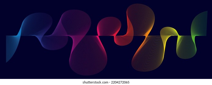 Abstract Sound Wave. Gradient Colorful Hues, Wavy Lines. Isolated Vector Illustration, Dark Blue Wide Panorama Background. Asset For Banner, Overlay, Business Presentation. Tech Concept.	