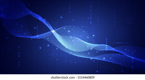 Abstract sound wave lines background with particles. Motion waves design for business website, poster, flyer, presentation. Vector illustration
