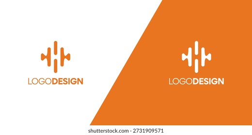 Design de logotipo de onda de som abstrato com fundo laranja e branco, perfeito para marcas da indústria de áudio e música