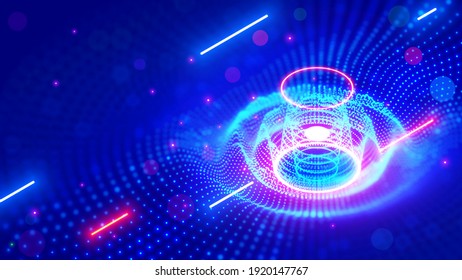 Abstract sound wave. Neon music tech background in nightclub. Equalizer visualizes music waves in technological cyber style. Light dots form of 3d surface images of round splash sounds vibrations