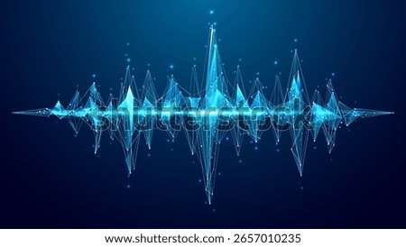 Abstract sound wave on a digital blue technology background. Audio equalizer element for music, radio, or voice visualization. Modern vector concept in low-poly wireframe style. Vector illustration.