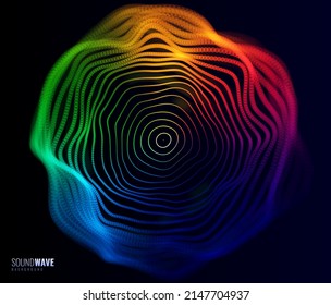 Resumen De La Ola De Sonido Onda Fondo Arcoiris. Las Partículas De Música Dinámica Fluyen. Efecto De Las Partículas Neonesas Desdibujadas. Visualización de ondas de sonido musicales. Fondo del vector abstracto. Visualización de ondas de audio RGB.