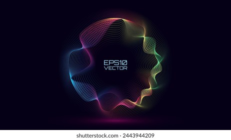 Abstract Sound Wave Round Frame Background. Dynamic Music Wavy Lines Flow. Digital Equalizer. Round Sound Data Visualization. Abstract Vector Background.