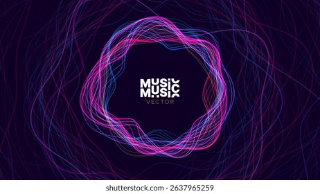Abstract Sound Wave Round Frame Background. Dynamic Music Wavy Lines Flow. Digital Equalizer. Round Sound Data Visualization. Abstract Vector Background.