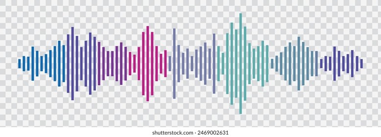 Abstrakte Klangwellen-Streifenlinien farbenfroher Gradientenentzerrer, isoliert auf transparentem Hintergrund in Konzeptmusik, Sound, Technik.