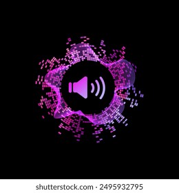 Abstract sound wave vector illustration with a central speaker icon emitting sound waves, surrounded by vibrant pink and purple radial patterns and pixelated elements.