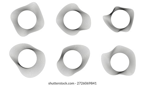 Abstract sound wave vector illustration set with circular distortion lines and black-and-white radial ripple patterns. Modern dynamic audio waveform design elements suitable for banners, posters
