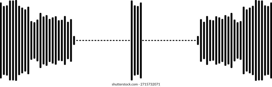 Visualización Abstractas de ondas sonoras con dos patrones de señal de audio simétricos conectados por una línea discontinua, que representan la transmisión de audio o el concepto de comunicación