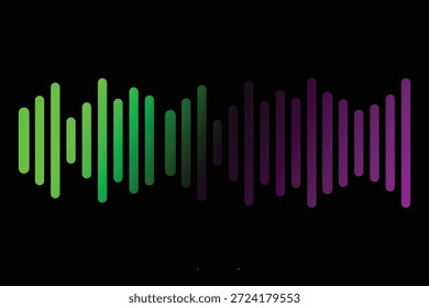 Visualização abstrata da onda sonora, gradiente verde vibrante a roxo, frequências de áudio, ritmo musical.