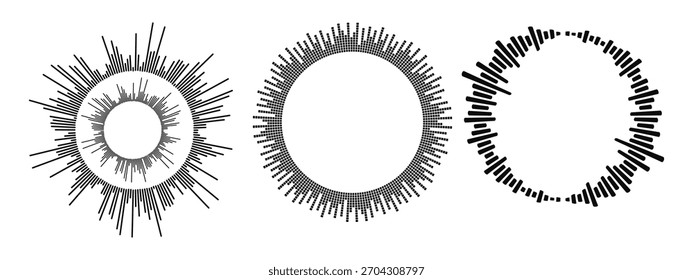 Formas de onda sonora abstratas. Moderno minimalista Audio Visualizer Graphics Set Vetor. Padrão de forma de onda para música, Dictaphone, podcast, mensagem de voz. 