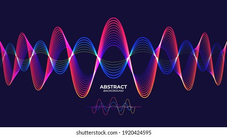 Abstract sound waves background. Vector illustration of glowing neon colored dynamic wavy vivid lines over blue background for your design