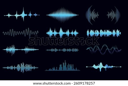 Abstract Sound Waves in Neon Blue on Dark Background. A collection of abstract sound waves and frequency bars in glowing neon blue on a dark futuristic background.