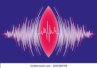 Abstract sound waves oscillating around heart pulse background. Vector radial music technology poster