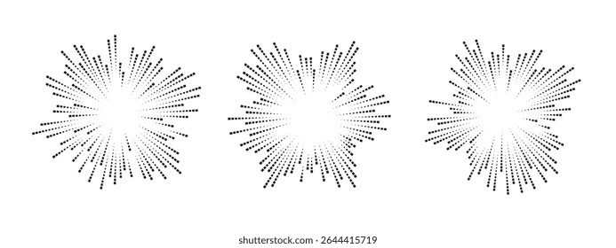 Abstract soundwave design with three circular patterns. Each pattern features radiating lines, symbolizing music and sound waves in a minimalist style. Vector.